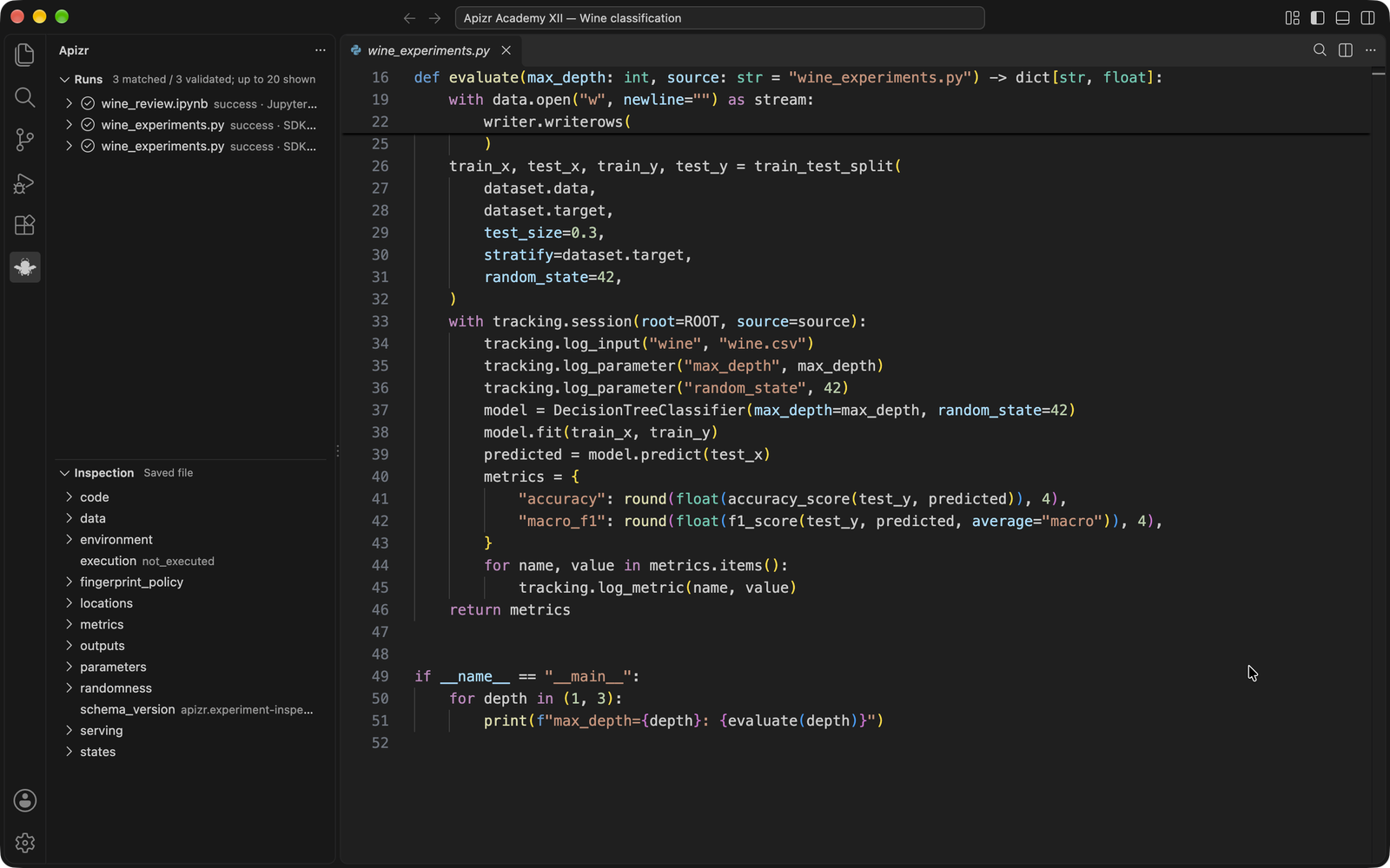 Saved Python inspection beside the Wine experiment source