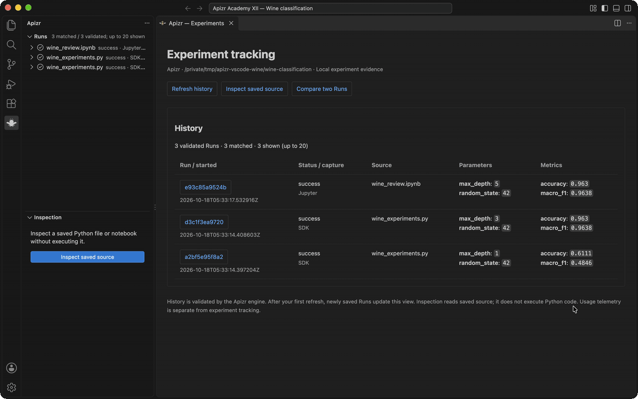 Review measured Runs, source and comparison in the installed extension